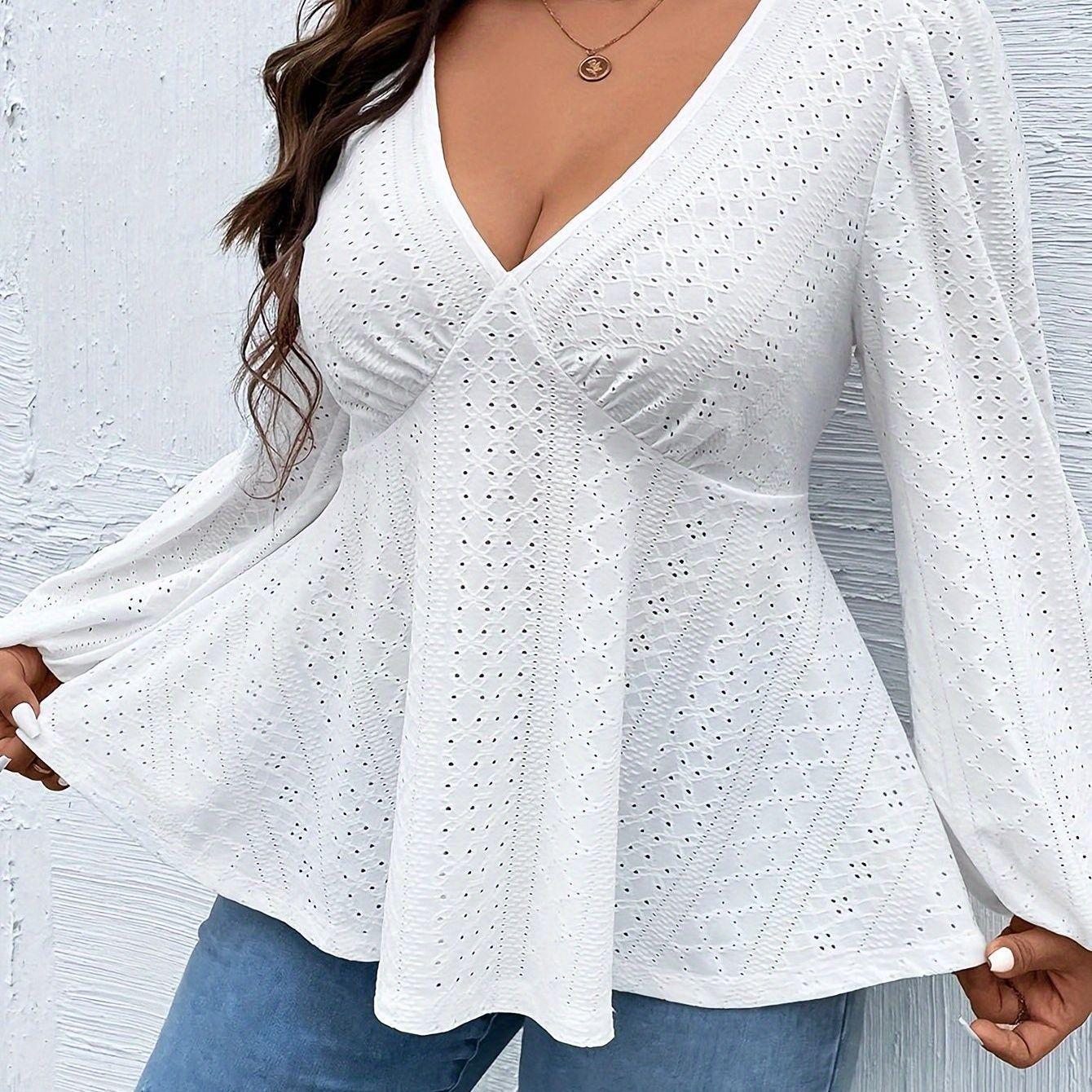 Plus Size Women s V-neck Jacquard Ruffle Long Sleeve Top 0XL