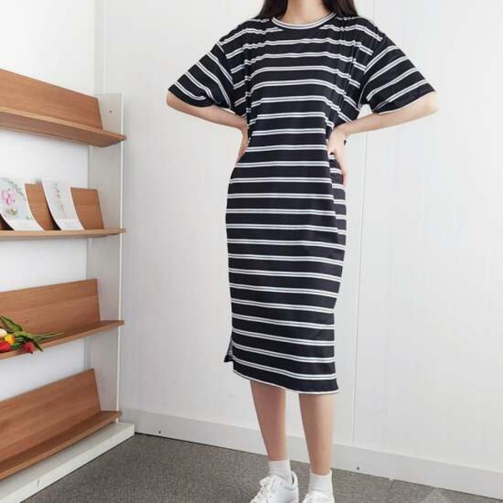 Shop Women Striped Loose Fit Short Sleeve Long Dress Won Wdr Wc814c1