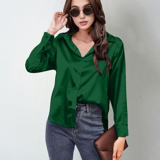 Women Shirt Lapel Long Sleeve Smooth Satin Shirt Tops Solid Color Loose Fit Casual Shirt Office Lady Shirt Daily Wear