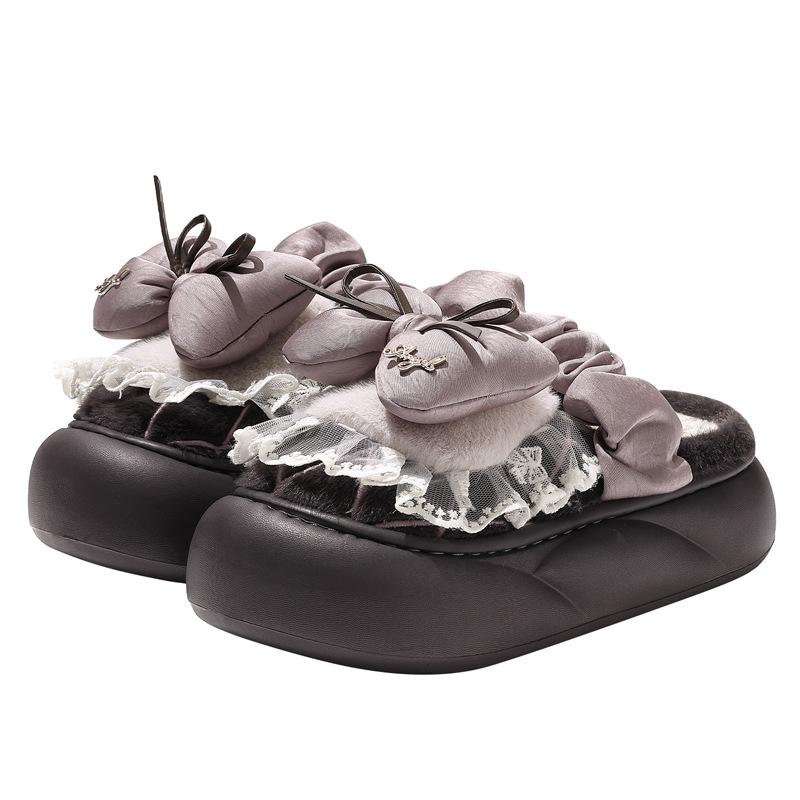 Bow cotton slippers are cute in winter, home use thick bottom to keep warm, and non-slip plush cotton for winter wear.