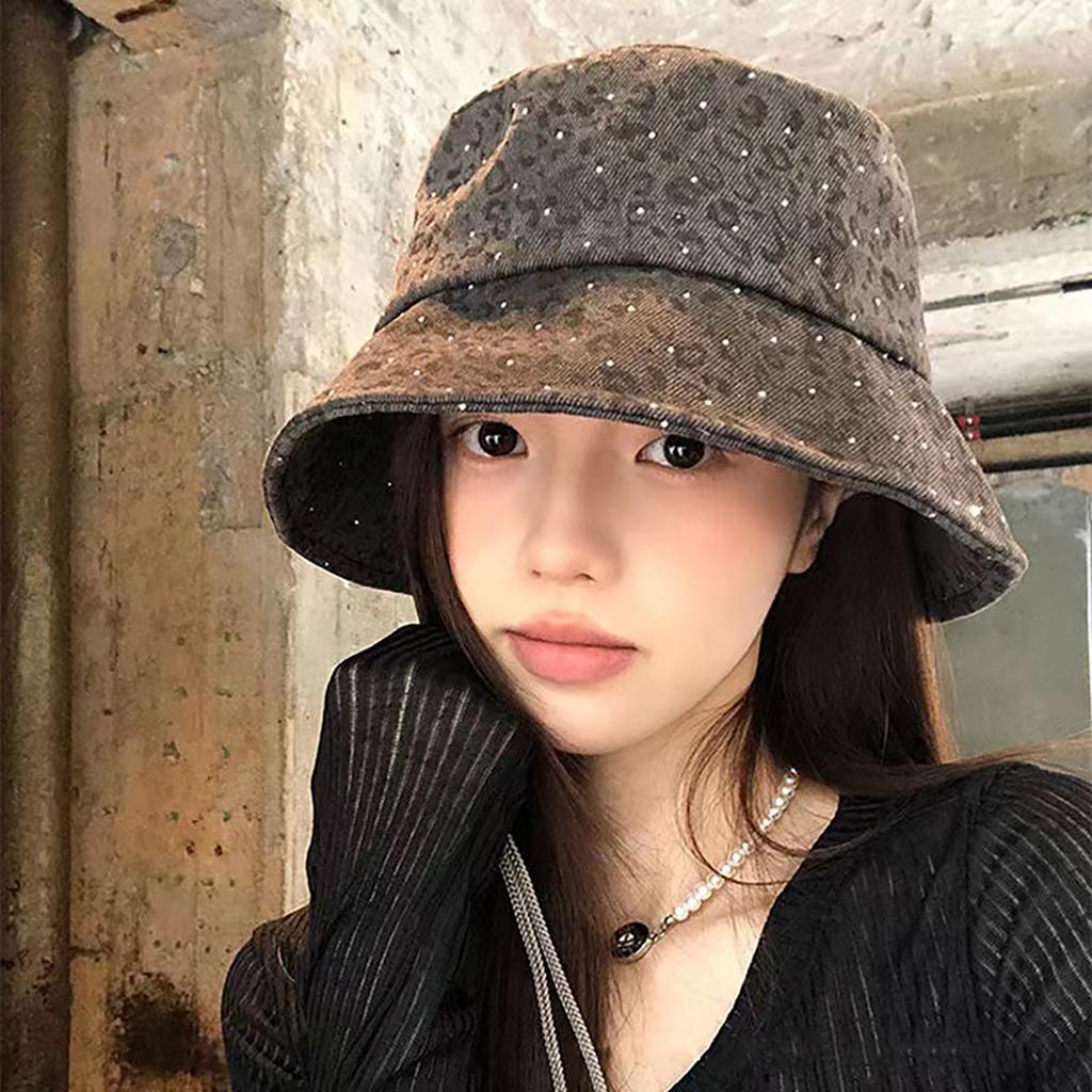 Fashion Leopard Bucket Hat for Women Cotton Sunshade Dome Basin Fisherman Cap Retro Shiny Sequins Girls Outdoor Hat