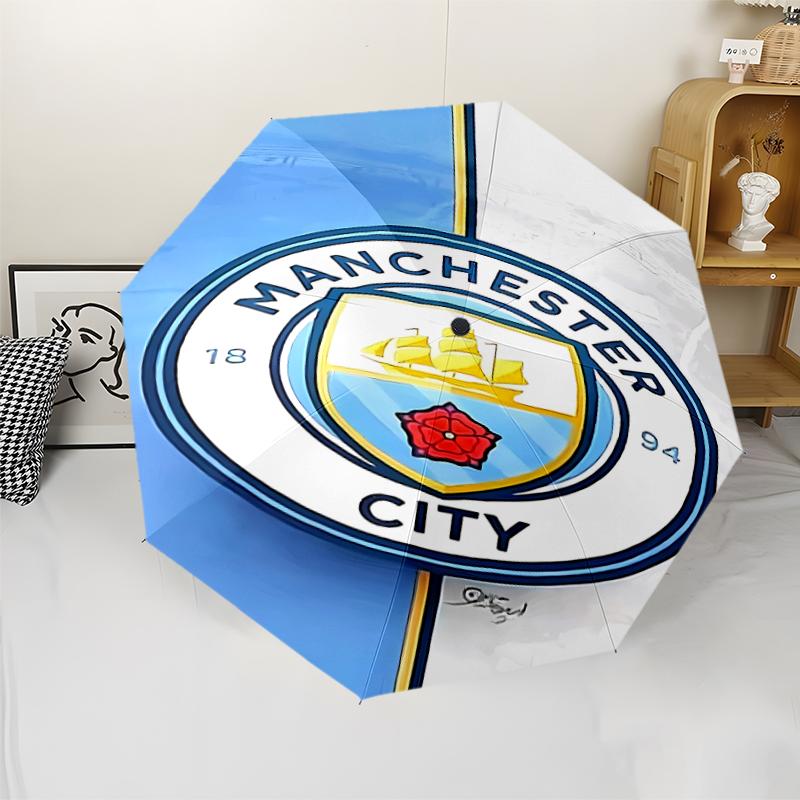 Manchester City Football Club Print Automatic Umbrella, 8 Rib Iron Frame, Plastic Handle, Suitable for Outdoor Travel &Daily , Ideal Gift