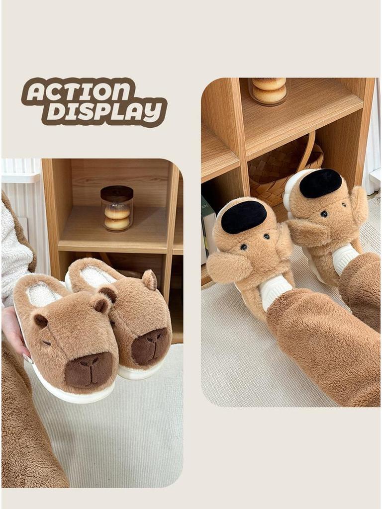 Pantoufles en coton Capybara en peluche: Chaussures d'intérieur confortables à talons antidérapantes pour femmes, automne/hiver