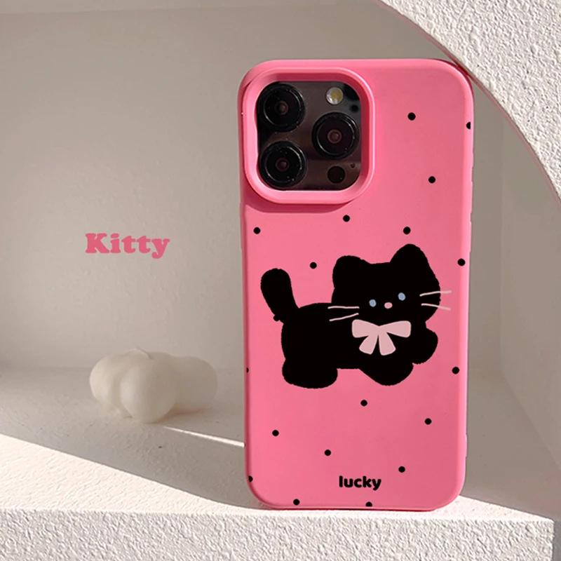 Polka dot bow black cat for Apple 17/16 Pro mobile phone case iPhone15 liquid 13 cute 12 soft 14