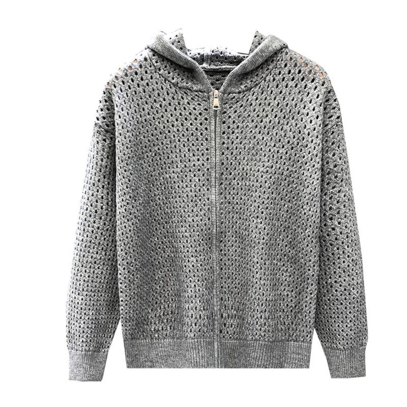 Mens Hollow Out Hooded Cardigan Loose Knit Sweater Casual Outerwear