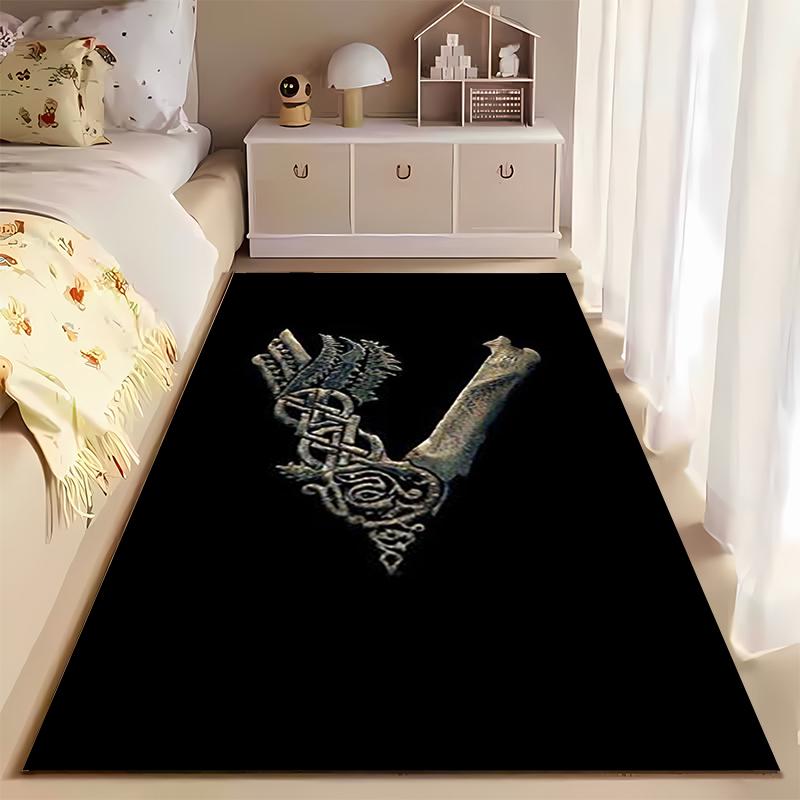 Spiritual Area Rug, Viking Rune Bronze Bone Celtic Knot Black Poster, Living Room Decor, Non-Slip Mat
