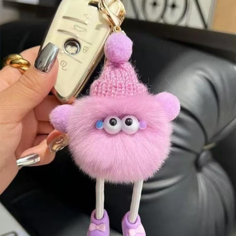 Adorable Elf Monster Fluffy Keychain Warm Knitted Hat Long Leg Pom Pom Doll Pendant Car Key Accessory for Driver Gifts