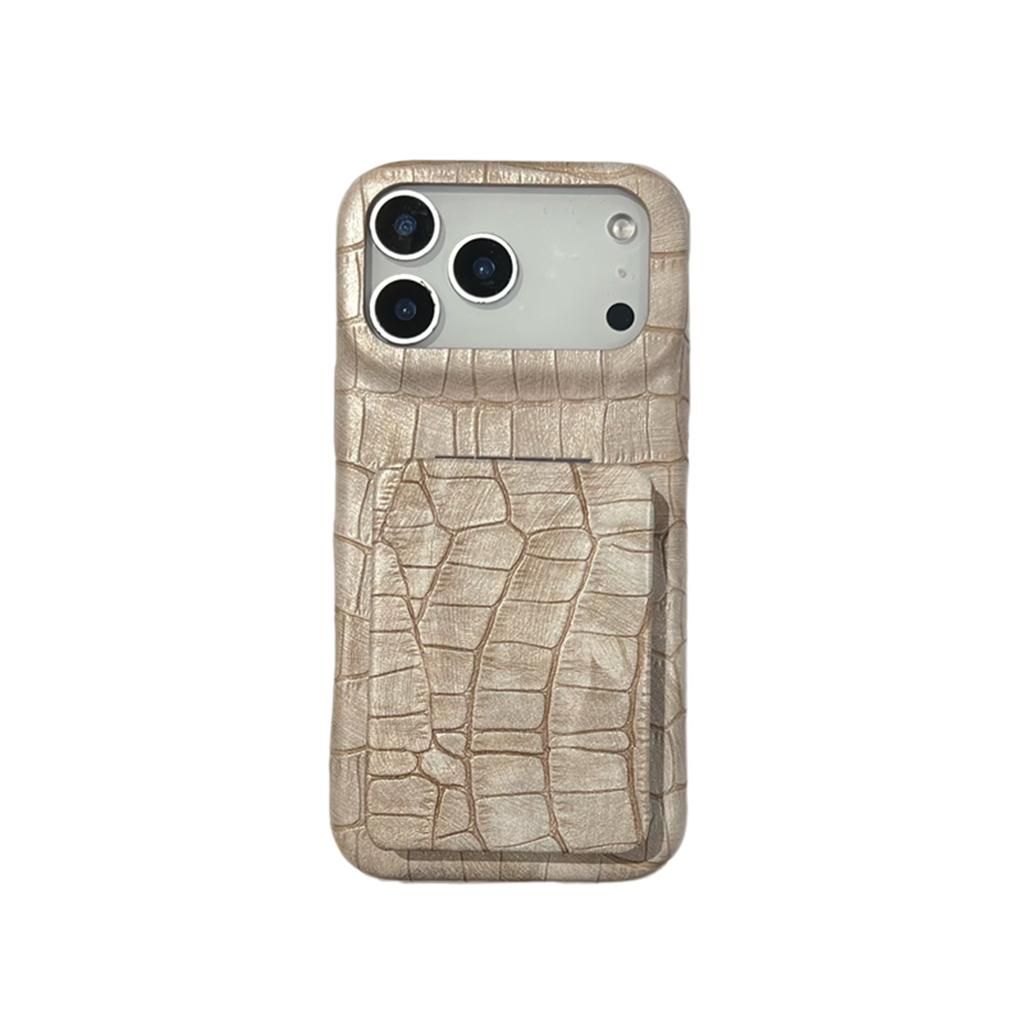 Retro Fashion Leather Imitation Crocodile Skin Texture Cover Case For iPhone 17 16 15 14 13 Pro Max with Flip-up Mirror Holder