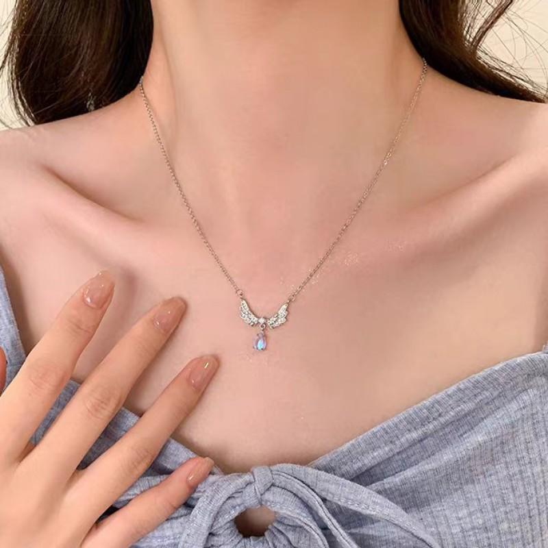 Womens Moonstone Angel Wing Necklace Clavicle Chain Fashion Jewelry