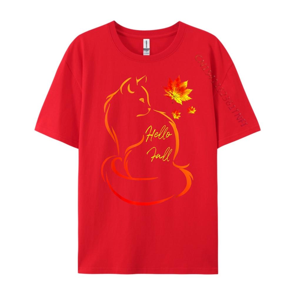 Hello Fall Cat Shirt Cat Autumn Leaves Kitten Lover Mens Shirts Graphic Tee Casual Everyday Luxury TShirt Mardi Gras S