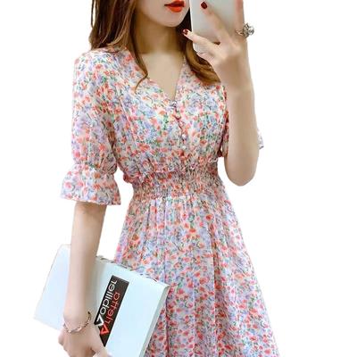 Neues Chiffon-Blumenkleid für Frauen, Sommer, koreanische Version, kurzärmelig, langes Kleid, V-Ausschnitt, Feenkleid