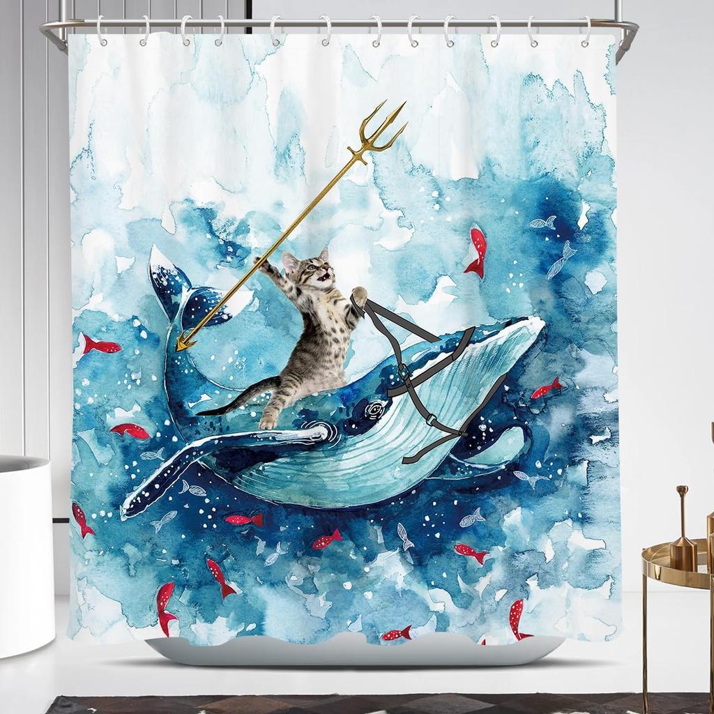 Funny Cat Shower Curtain Long Cute Fun Cool Riding Whale Ocean Wave Anime Kids Beach Nautica Theme Sea Fish Hilarious Bathroom