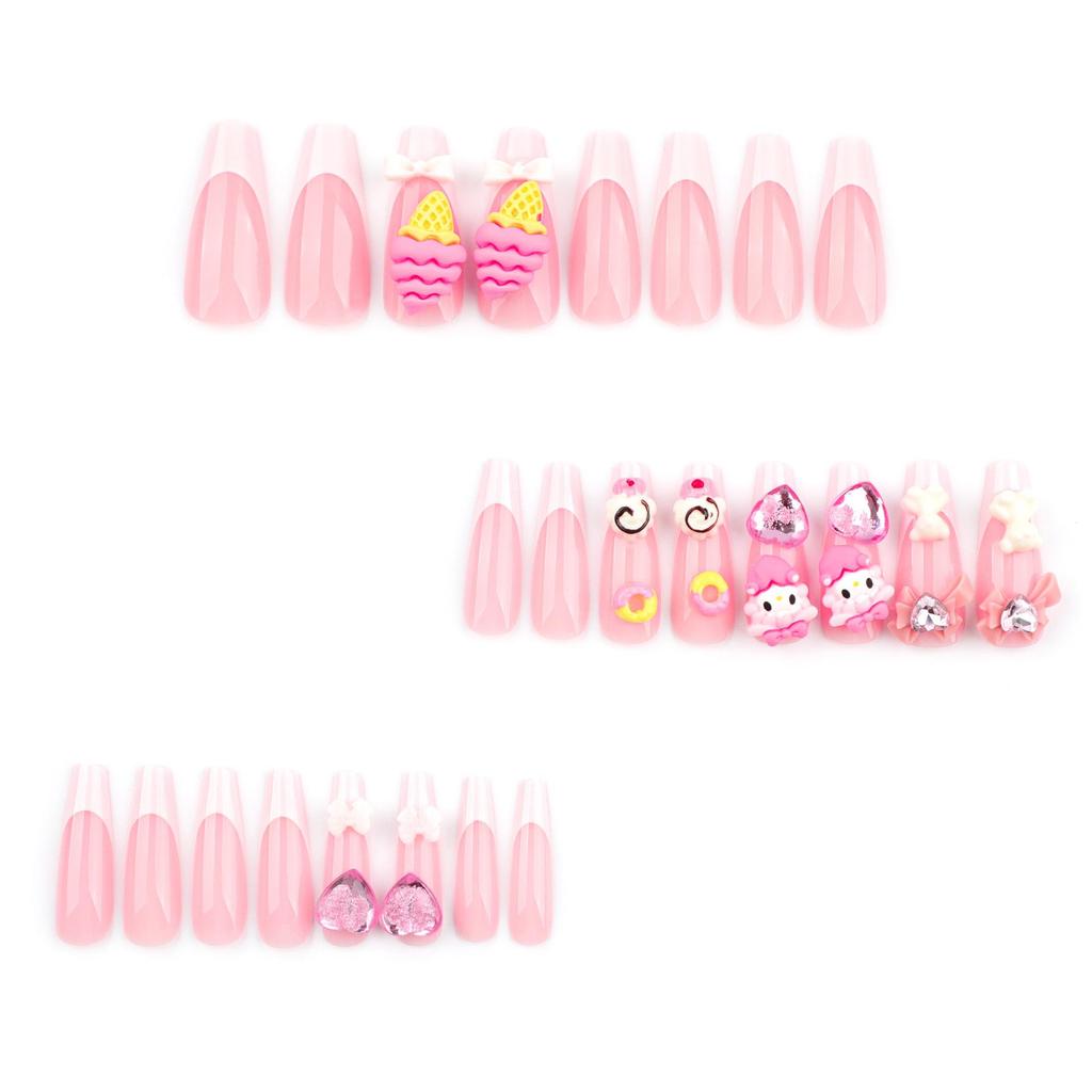 Sweet Pink 3D Bow and Rhinestone Bear Ice Cream Cone Fake Nails