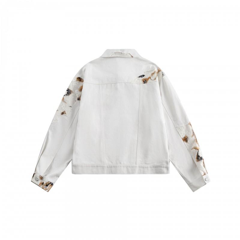 Mens Floral Lace Splicing Denim Jacket Loose Fit Casual Outerwear