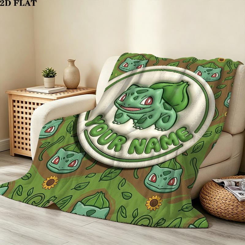 Custom Name,Bulbasaur Printed Flannel Blanket, soft throw for bedroom sofa, washable, Christmas present, great gift.