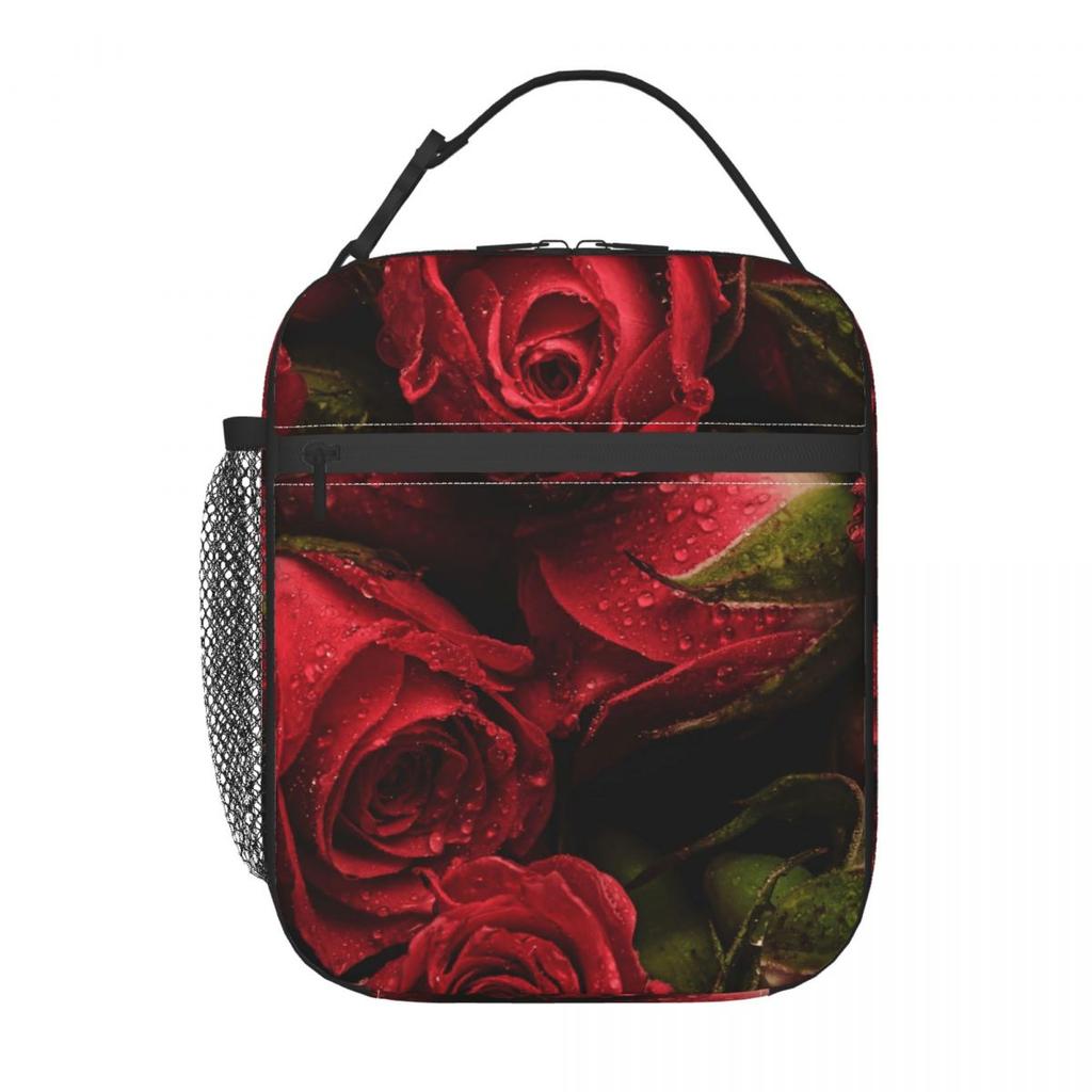 Red Rose Floral Design Insulated Lunch Bag for Women Kids Leakproof Food Boxes Thermal Lunch Box Tote