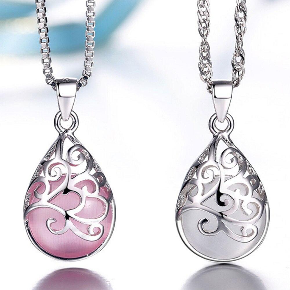 ANENJERY Natural Cat Eye Opal Pendant Necklace for Women New Trendy Charm Necklace Girls Engagement Jewelry