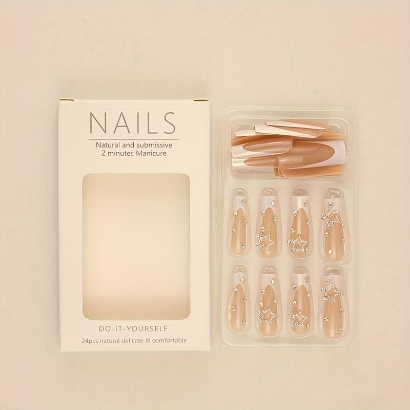 24pcs French Press On Nails with Rhinestone Gems and Pearlescent White Tips - Extra Long Coffin Ballet False Nails for Women and Girls Glossy and Glue