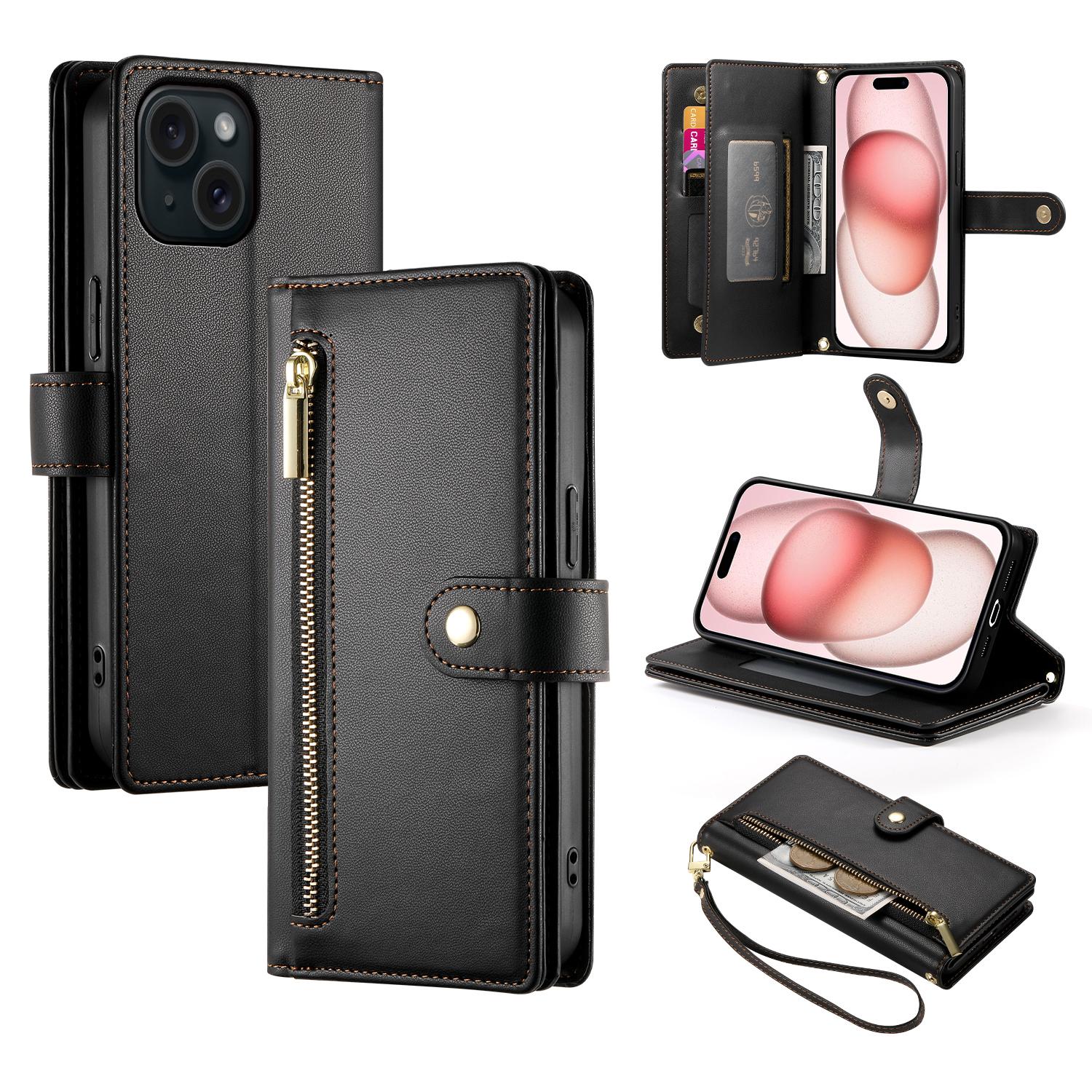 

DF-011 For iPhone 15 Case Crossbody Leather Cover with Zipper Pocket Multiple Card Slots E