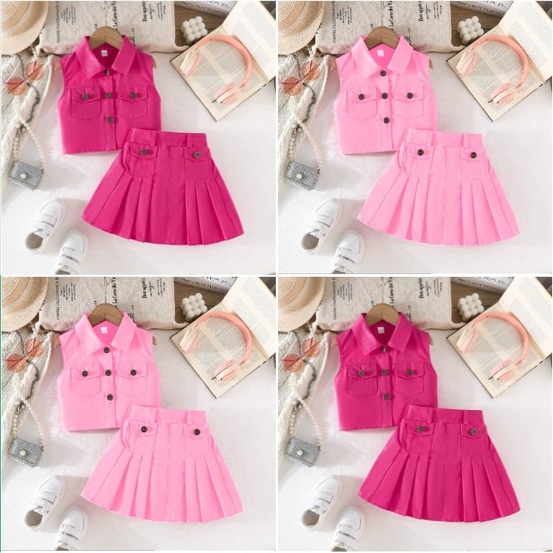 Girls' Fashion Set: Summer Solid-Color Sleeveless Denim Top and Pleated Skirt Two-Piece Set