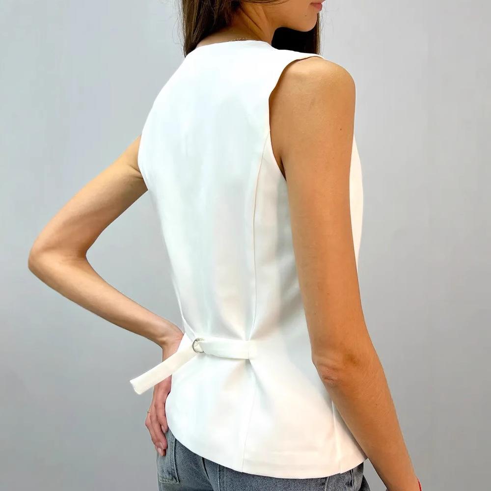 Women White V Neck Button Down Sleeveless Fitted Waistcoat Vest