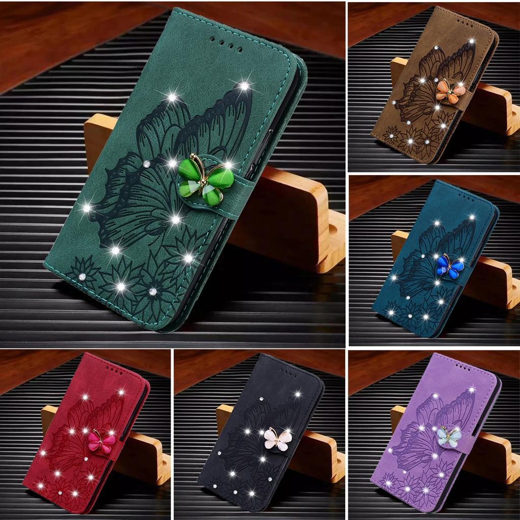 Custodia Portafoglio a Libro con Glitter per iPhone 16 Pro Max 15 Plus 11 14 13 12 XR XS X SE 2020 Copertina a Libro con Farfalla Bling Porta Carte