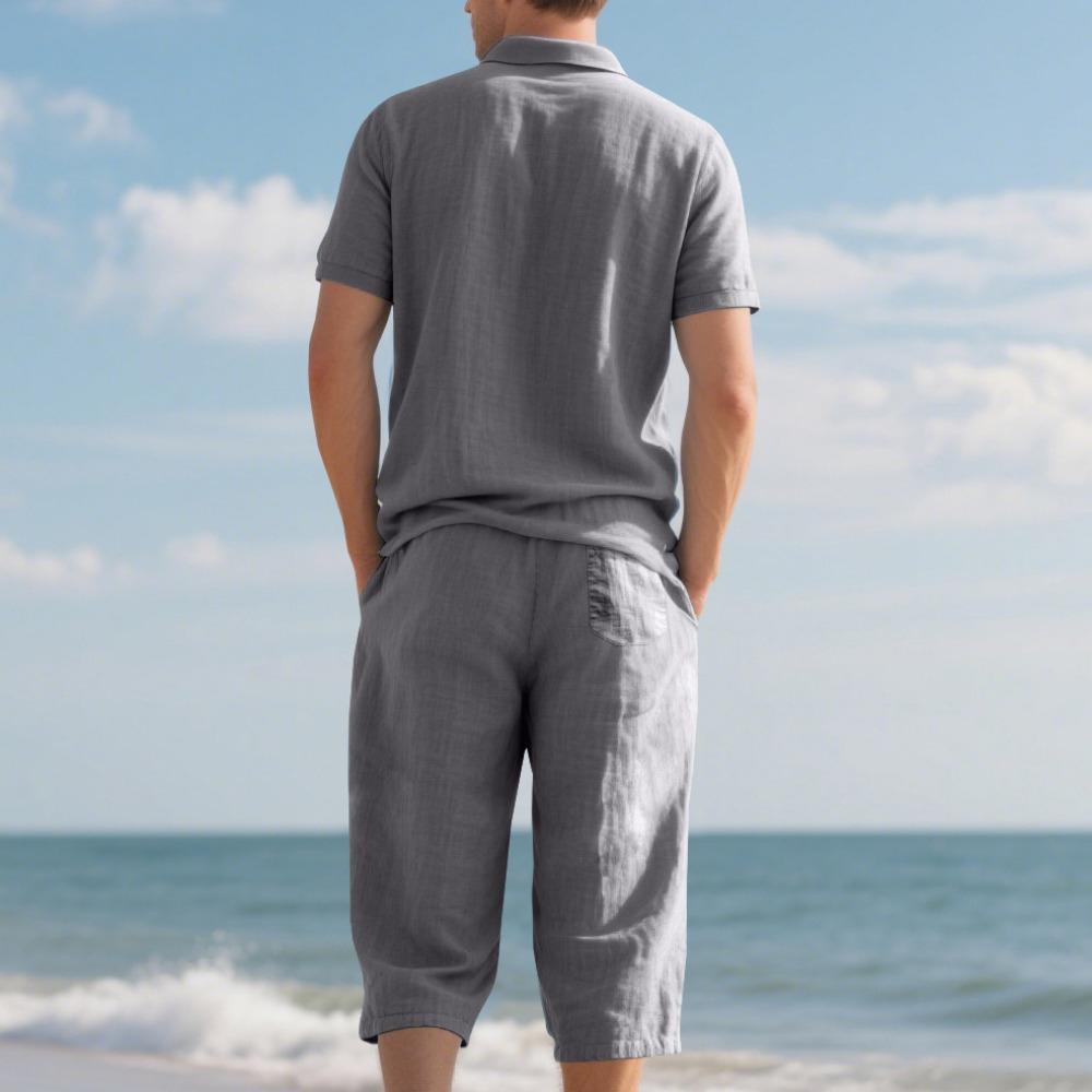 Men's Summer New Short Sleeve and Shorts Set, Made of Linen Fabric, A High-Quality Two-Piece Short Sleeve and Shorts Set