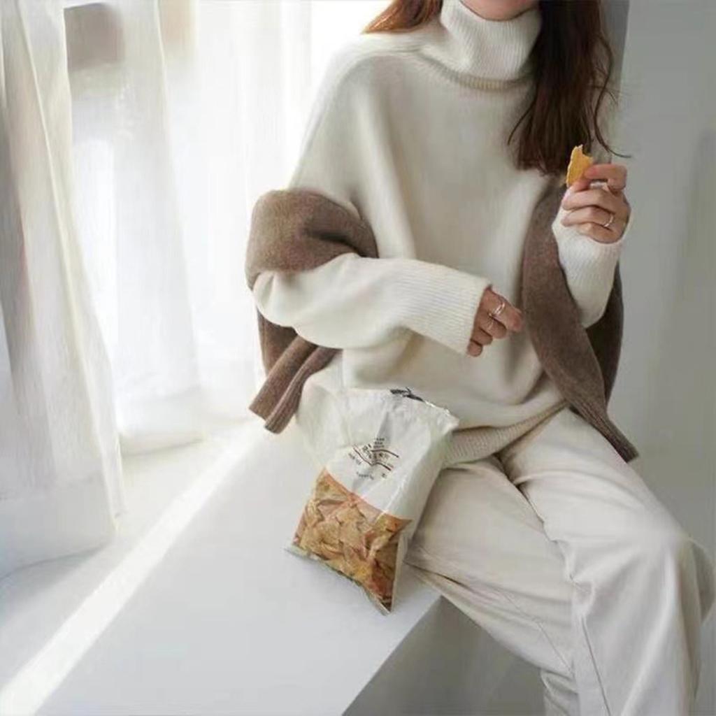 Women's Turtleneck Long Sleeve Knit Top Loose Fit Elegant Casual Sweater Solid Cashmere Blend Pullover