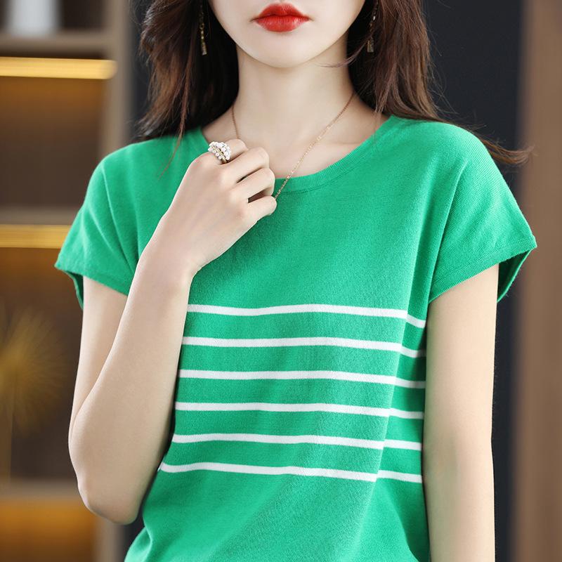 Women's Spring 2024 Cotton Striped Knitwear T-Shirt - Short Sleeve, Round Neck