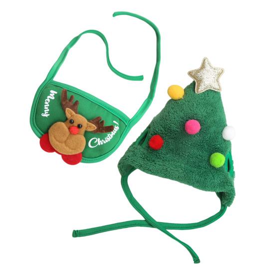 1 Set Christmas Pet Outfit Christmas Tree Pom-Pom Hat And Pet Bib Holiday Pet