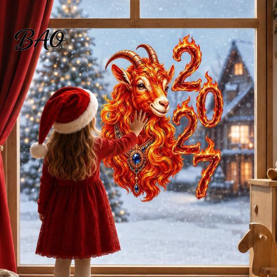 Christmas Glass Decoration Chinese New Year Window Stickers, 2027 Goat Static Clings, Electrostatic Film Reusable Lunar Xmas Decor for Home