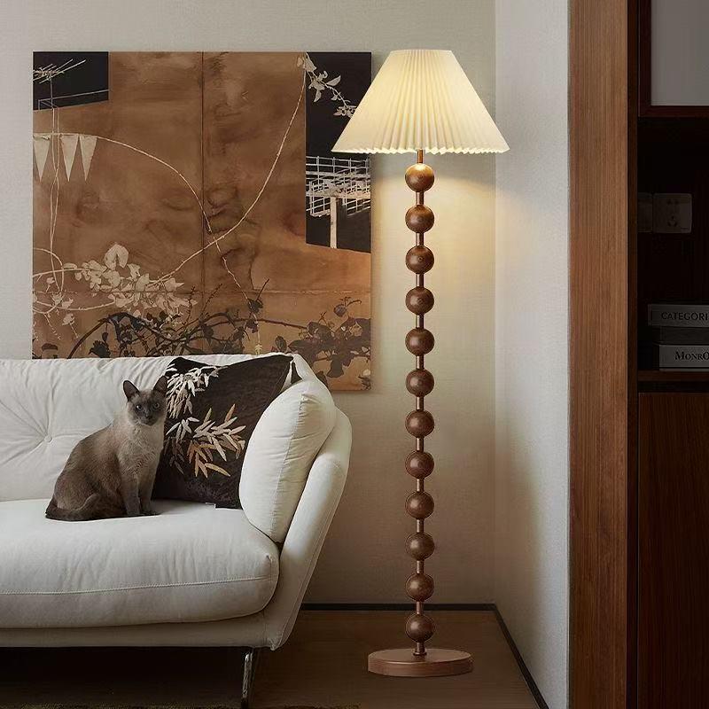 Mid-Century American Retro Floor Lamp with Walnut Finish and Fabric Shade