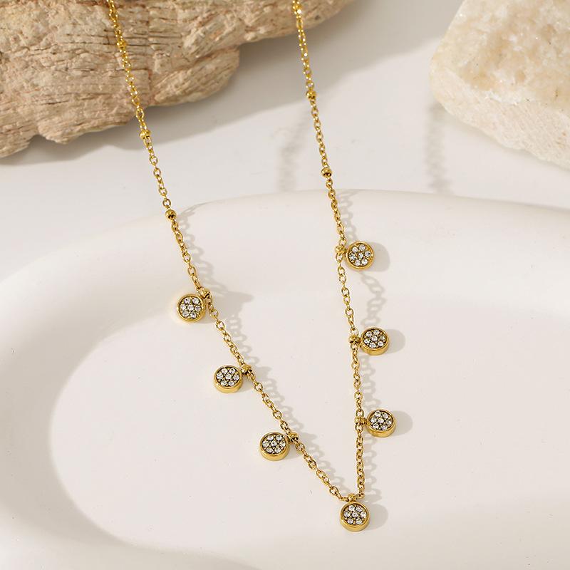 European and American retro inlaid water diamond round necklace stainless steel dopamine collarbone chain niche versatile item jewelry women