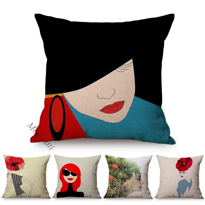 Surreal Abstract Woman Vintage Poster Throw Pillow Case Lady Portrait Sofa Chair Decoration Square Cushion Cover