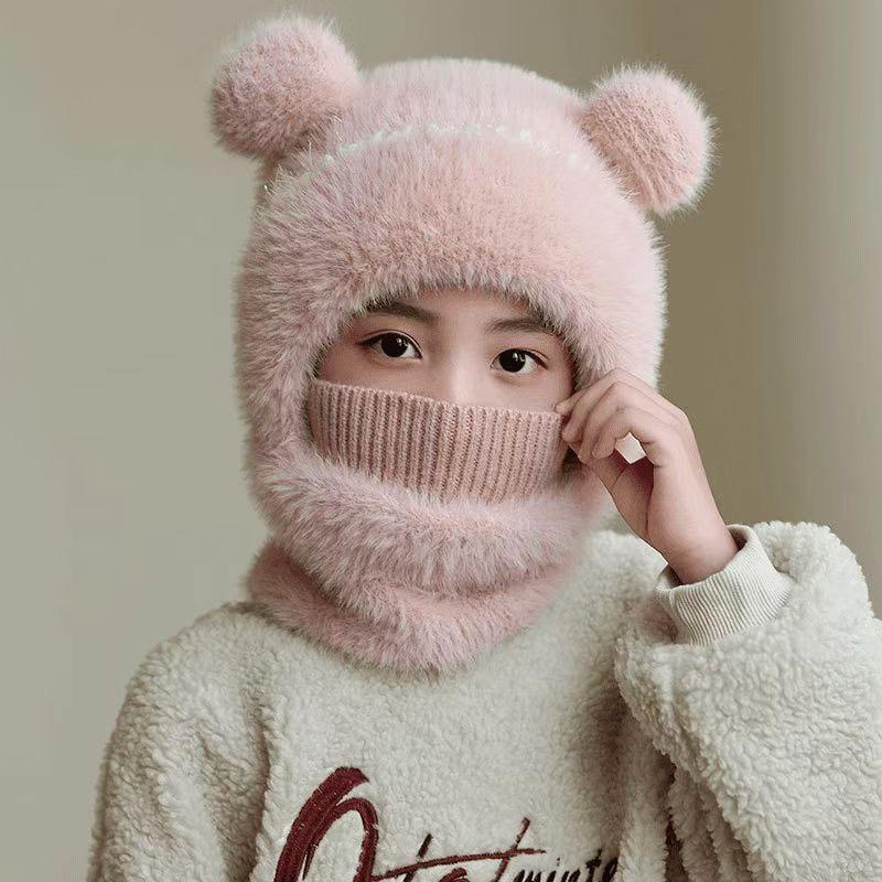Autumn and winter children's scarf integrated hooded windproof ear protection warm pullover hat girls boys wool knitted hat baby