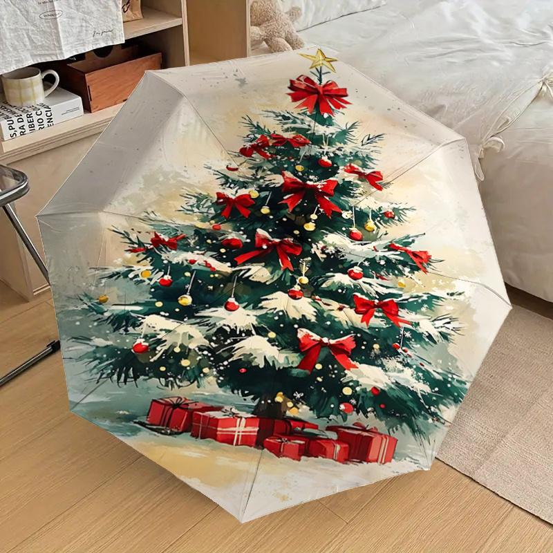 Christmas Tree with Red Bow Decorations - Automatic Opening Umbrella, Portable Folding Design, 8-Bone Iron Frame, Outdoor Rain Shelter, Fest