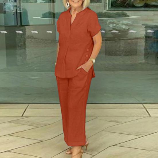 2 Stück/Set Damen Top Hosen Set V-Ausschnitt Einfarbig Kurze Ärmel