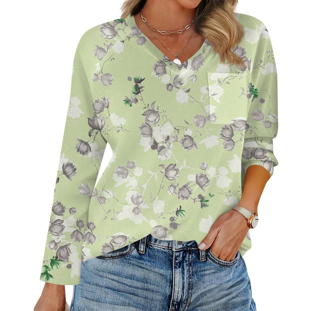 Women's Raglan Long Sleeve V-Neck T-Shirt Splicing Solid Color Casual Top Pullover V-Neck Pocket Bottoming Shirt