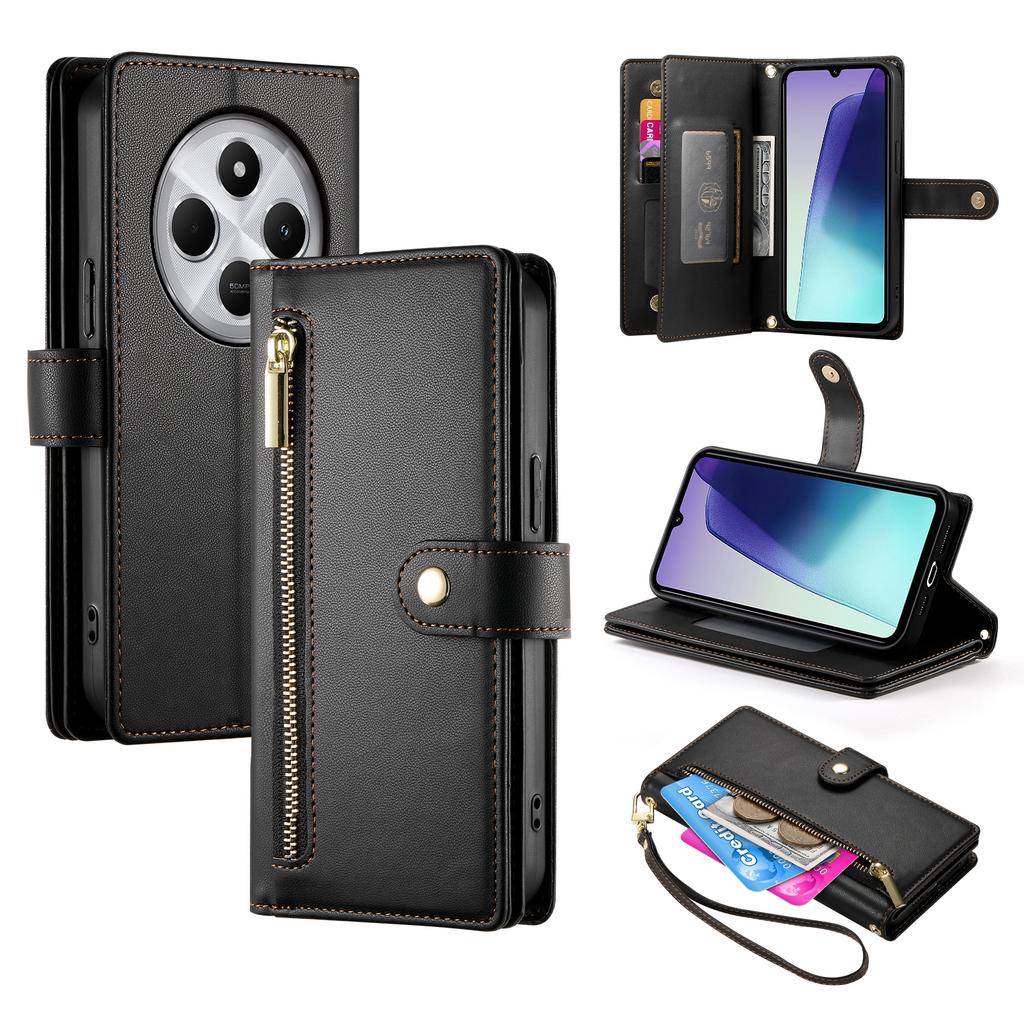 DF-011 Leather Case For Xiaomi Poco C75 4G/Redmi 14R 5G/14C 4G Zipper Pocket Wallet Phone Cover with Straps