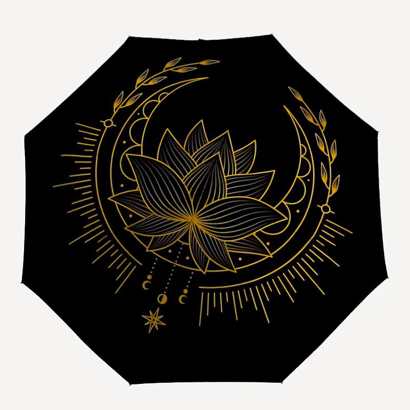 1pc Lotus Mandala Automatic Open/close Folding Compact Umbrella, 8-Rib Sturdy Canopy, Lightweight Portable, Everyday Use, Gift, Outdoor Umbrella, Trav