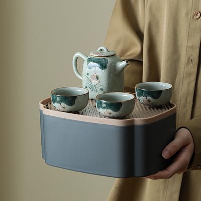 Hand-Painted Teapot, One Pot, Three Cups, Ge Kiln Ice Crack Glaze, Ceramic Kung Fu Tea Set, High-End Travel Storage Gift Box