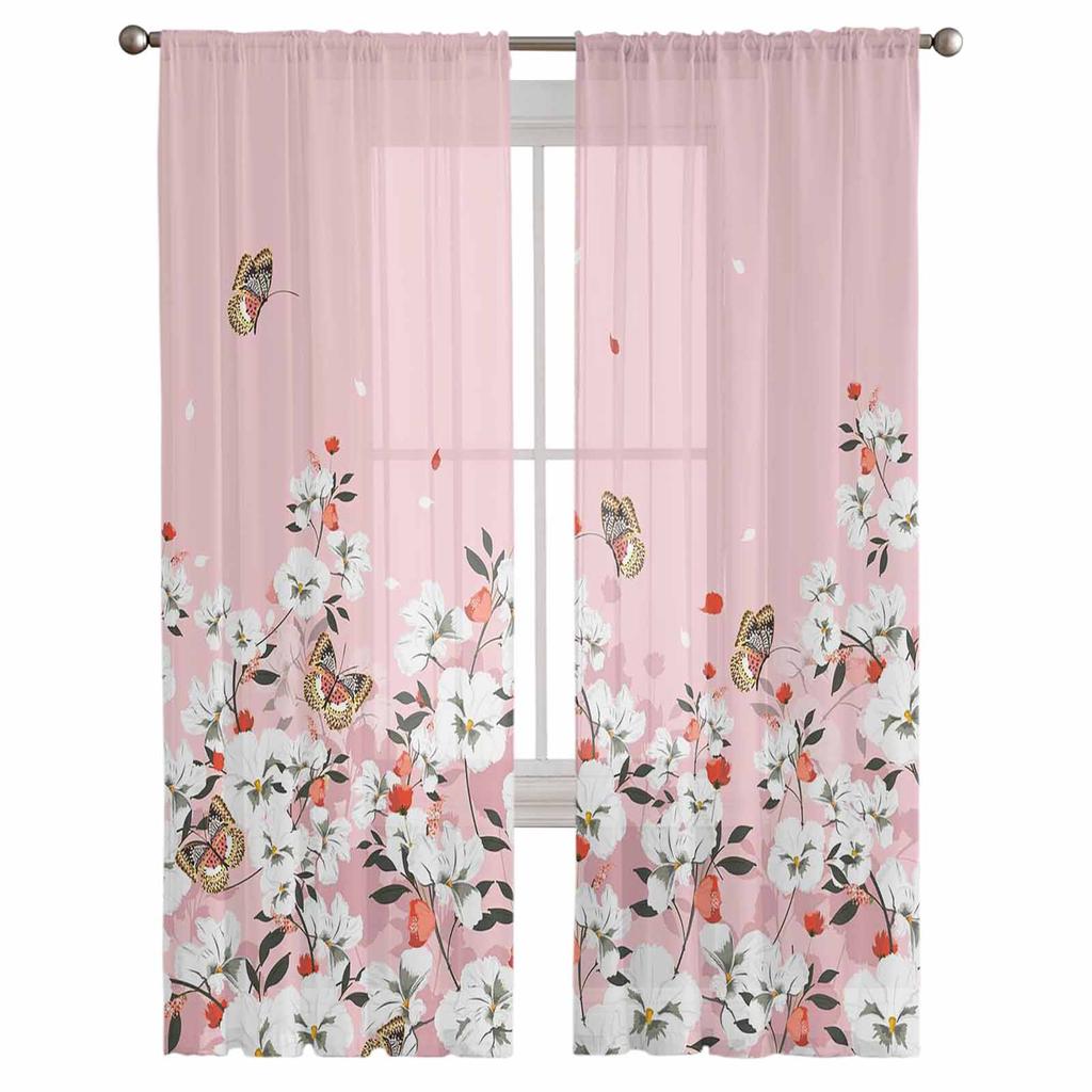 Pink Flower Plant Butterfly Tulle Sheer Curtains For Living Room Bedroom Kitchen For Windows Voile Drapes Home Decoration