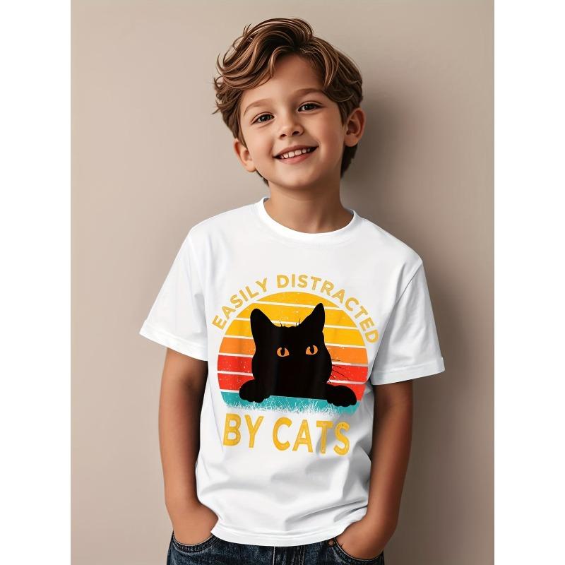 Boys Crew Neck Short Sleeve T-Shirt with Cartoon Black Cat & Letter Print 110