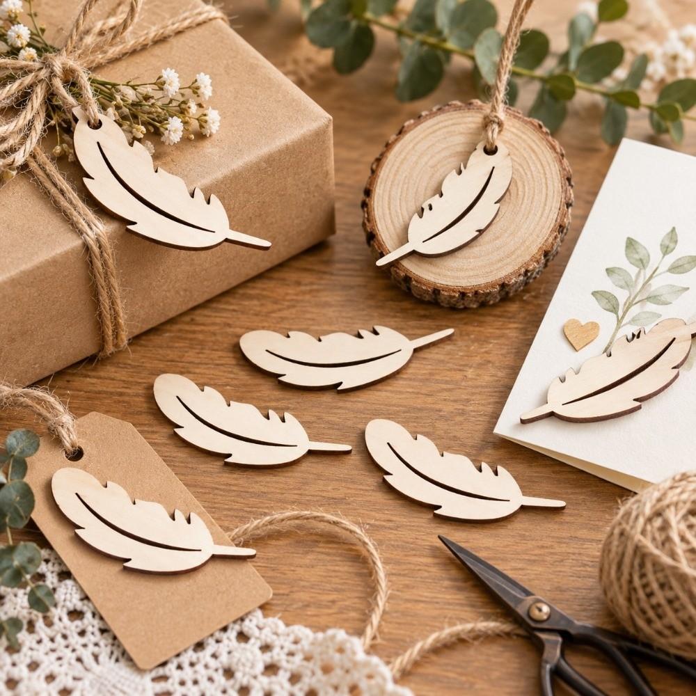 50pcs Unfinished Surface Wood Plume Cutouts Wood Slices Wooden Craft Tags For DIY Craft Project