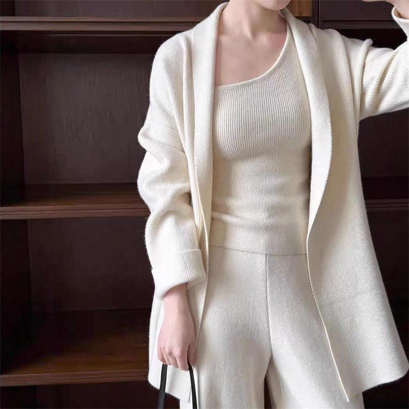 High-end Knitted Sweater Set 2025 Autumn and Winter New Cardigan + Vest + Wide-leg Pants Three-piece Set for Women