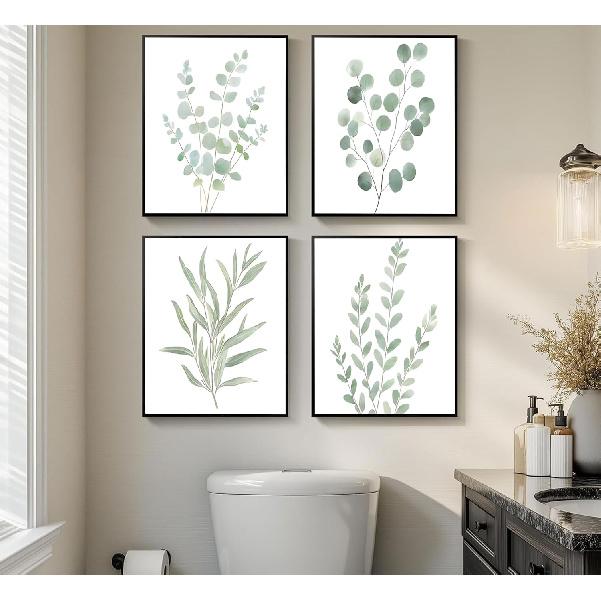 4Pcs Eucalyptus Botanical Wall Art Sage Green Bathroom Pictures Watercolor Mint Green Plant Leaves Poster Print Modern Minimalist Aesthetics Canvas