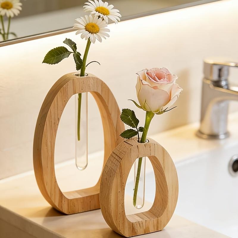 2pcs Wooden Hydroponic Plant Vases Creative Glass Tube Containers High-End Flower Decorative Vases For Workspace Home Wedding