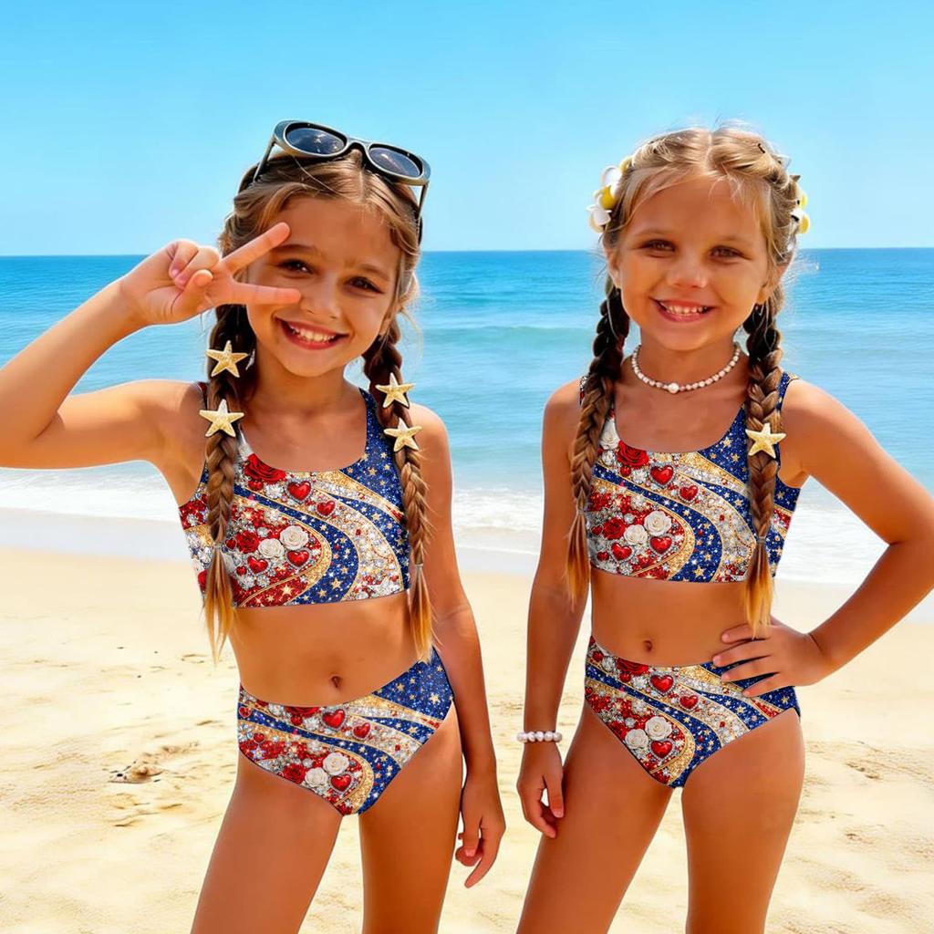 Girls Two Piece Swimsuit Set Summer Tankini Top and High Waist Bottoms Floral Print Lightweight Swimwear for Kids Beach Pool