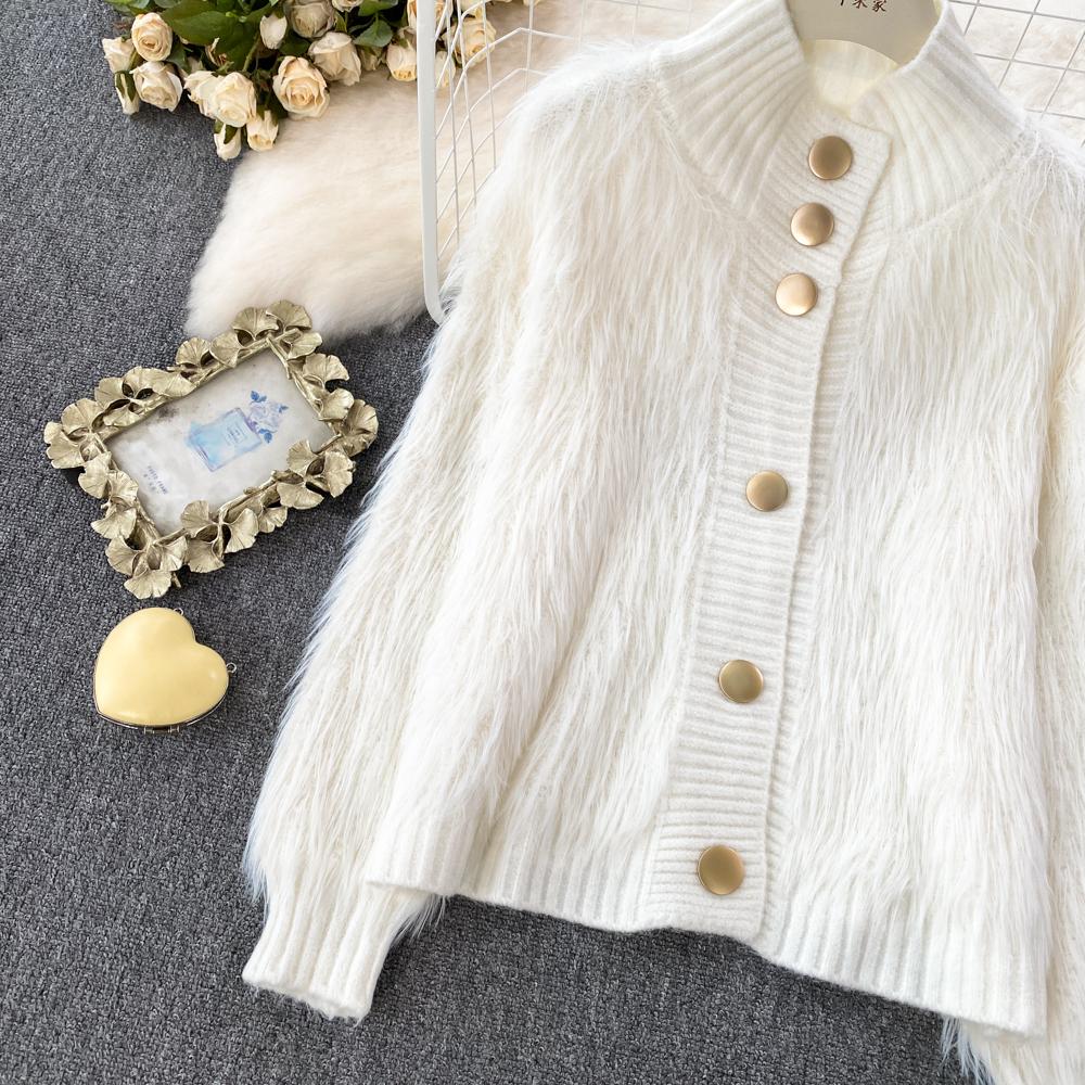 Imitation Mink Sweater Fashion Stand-UP Collar Loose Top Women's  Autumn/Winter Korean Soft Comfortable Cardigan Solid Coat