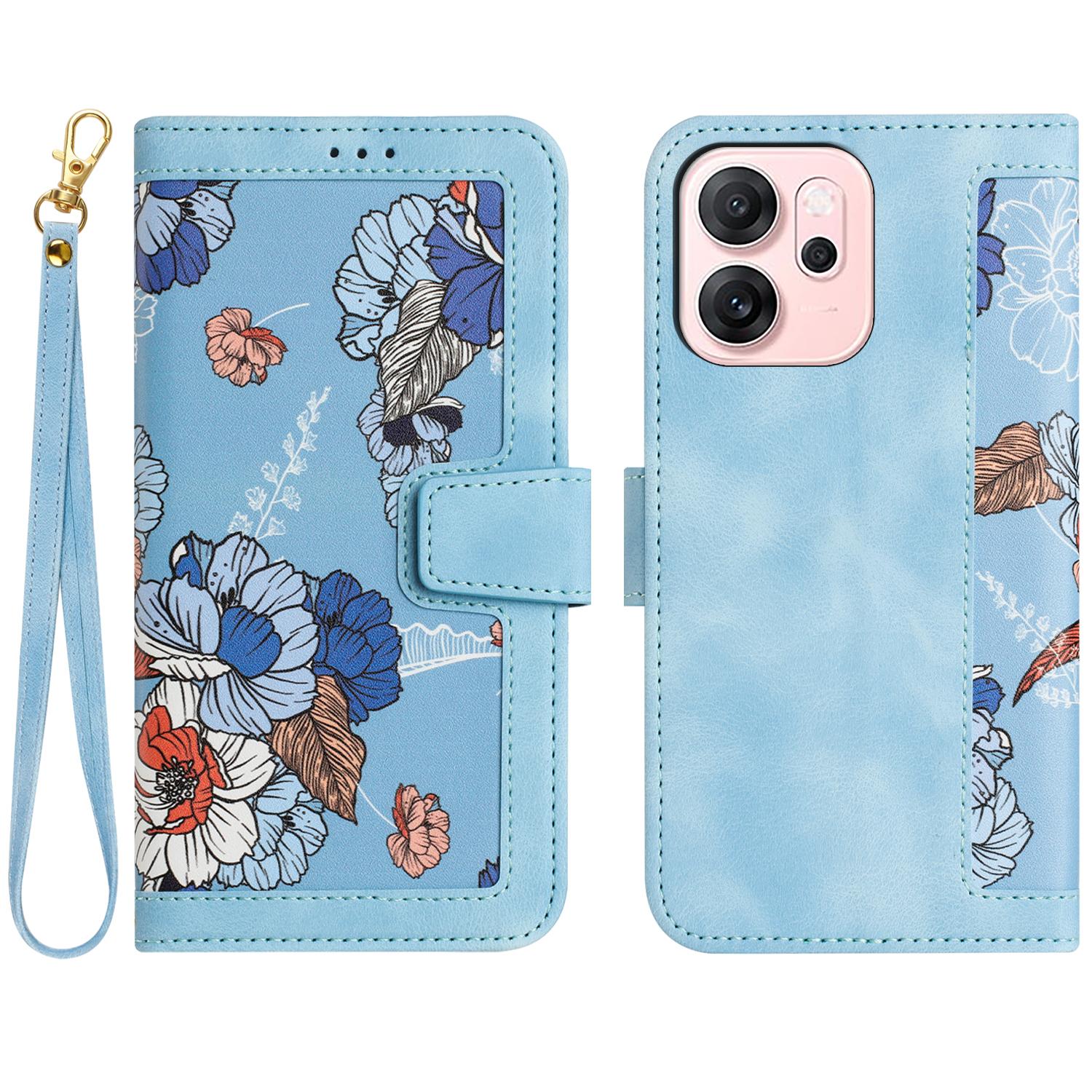 

For Oppo Reno14 F 5G Case PU Leather Floral Phone Cover with Card Slots/Wrist Strap
